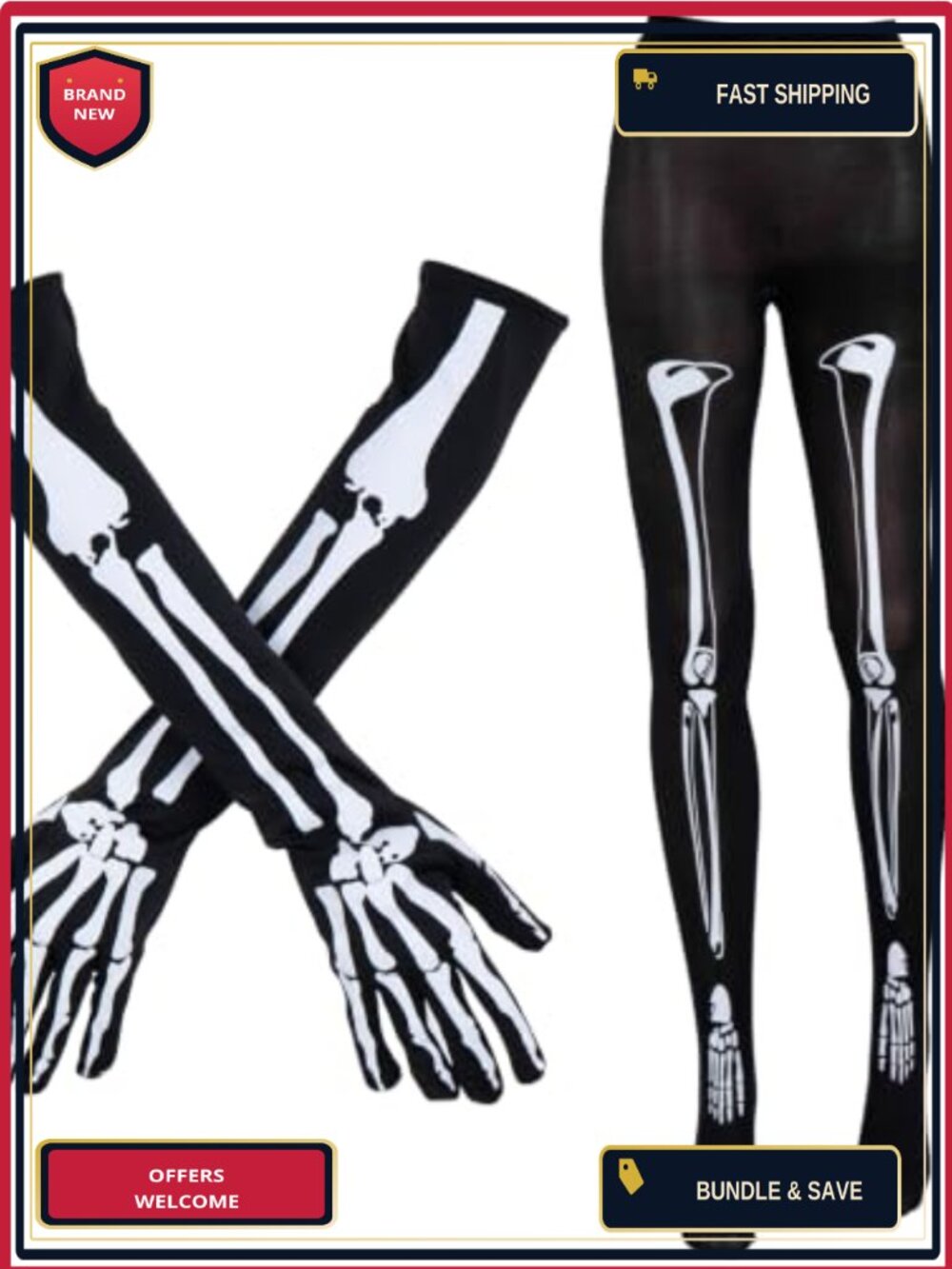 Skeleton Costume Set Long Gloves & Leggings Halloween Accessories
